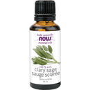 A bottle of NOW Clary Sage Oil with a label showing the brand, product name, and an image of clary sage leaves.