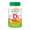 Jamieson Vitamin D3 Gummies 1000 IU in a clear bottle containing 60 orange, lemon, and strawberry-flavored gummies, designed to support bone and immune health.