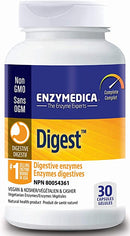 Enzymedica Digest Capsules – Close-up of the bottle containing enzyme capsules that help break down fats, proteins, and carbohydrates for enhanced digestion and relief from occasional bloating.