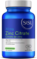 A blue bottle of Sisu brand Zinc Citrate 30 mg supplements with 90 vegetable capsules.