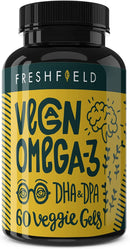 Freshfield Vegan Omega-3 VCaps with plant-based EPA and DHA for heart and brain health.