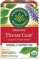 Packaging of Traditional Medicinals Organic Throat Coat tea bags with Slippery Elm, featuring images of herbs and the USDA organic seal.