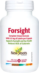 New Roots Herbal Forsight Complete Vision Formula in VCap form, supporting vision and retinal function with lutein, zeaxanthin, and bilberry extract.