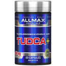 Bottle of Allmax TUDCA+ dietary supplement containing 60 capsules, each with 250 mg of TUDCA, featuring a clean white label with blue and green accents.