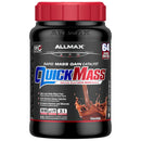 A container of Allmax QuickMass Rapid Mass Gain Catalyst in chocolate flavor, with a red cap on a plain background.