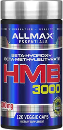 A container of Allmax HMB 3000 dietary supplement with 120 veggie caps, predominantly blue and white with product information and branding.