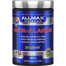 A container of Allmax Beta-Alanine powder with label detailing product information and benefits.