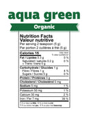 200 g glass jar of Prairie Naturals “Aqua Greens” supplement powder, featuring a green screw-on lid and a white label accented with aquamarine hues and botanical design, showing nutritional info and logo.