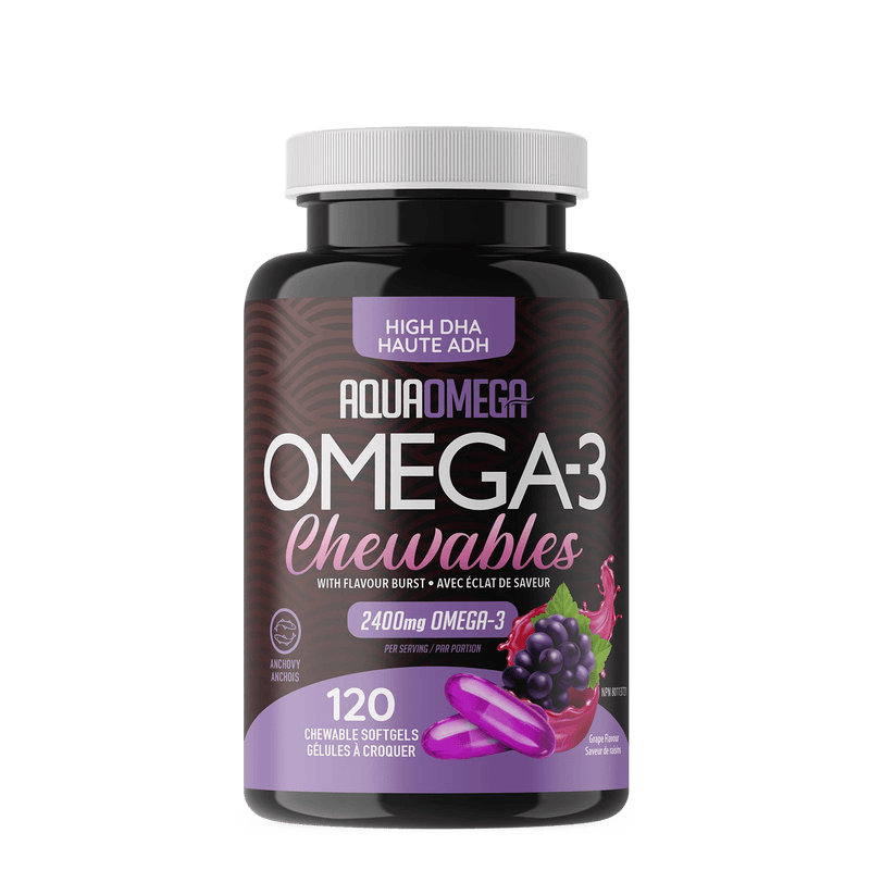 AquaOmega Omega-3 Chewables High DHA 2400 mg - Grape (120 Chewable Softgels)