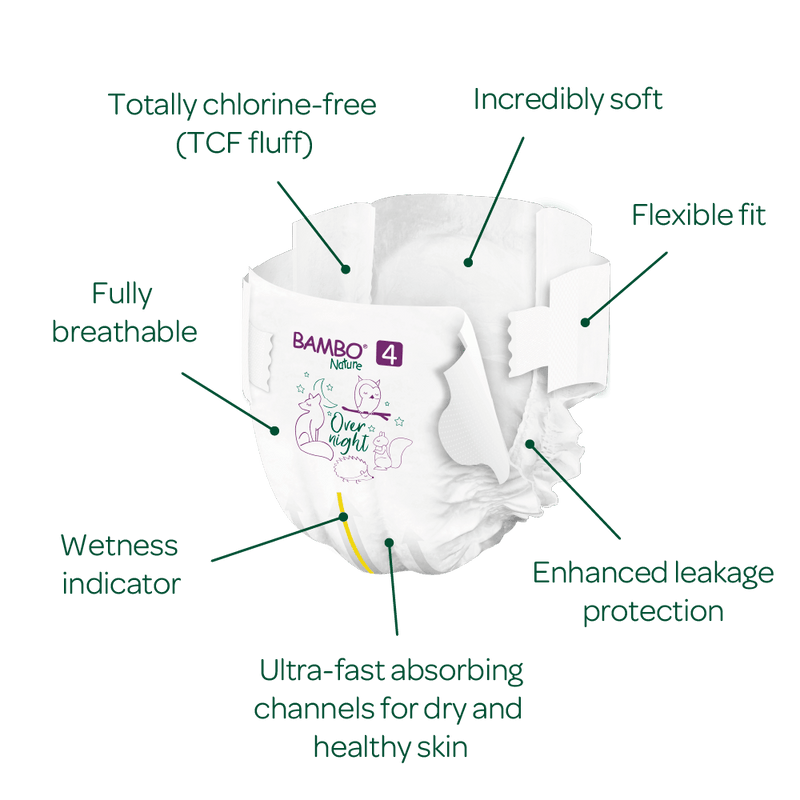 Bambo Nature Overnight Baby Diapers 7-14 kg Size 4 (24 Diapers)