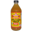Bottle of Bragg Organic Apple Cider Vinegar with a label showing raw, unfiltered vinegar.