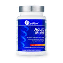A bottle of CanPrev Adult Multi multivitamin supplements with 60 VCaps. The label is blue and white, with mentions of '28 Vitamins & Minerals', 'Iron Free', and 'Premium Natural Health Products'.