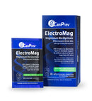 Packaging of CanPrev ElectroMag Magnesium Bis-Glycinate Effervescent Drink Mix in electric lime flavor. The package includes a box and a sachet with product information.