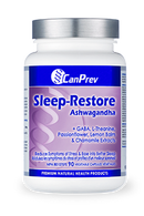 A bottle of CanPrev Sleep-Restore Ashwagandha dietary supplement containing 90 capsules for adults.