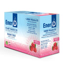 Box of Ener-D Sugar-Free Vitamin D3 1000 mg in Raspberry flavor with 24 packets. packaging is predominantly pink with images of raspberries and text detailing product benefits and ingredients.