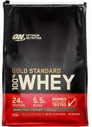 Optimum Nutrition Gold Standard 100% Whey Protein Powder in Double Rich Chocolate flavor, displayed alongside a glass of chocolate protein shake and a spoonful of the powder.