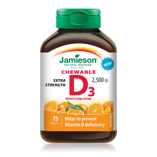 Jamieson Chewable Vitamin D3 2500 IU Extra Strength 75 Tablets Image 1