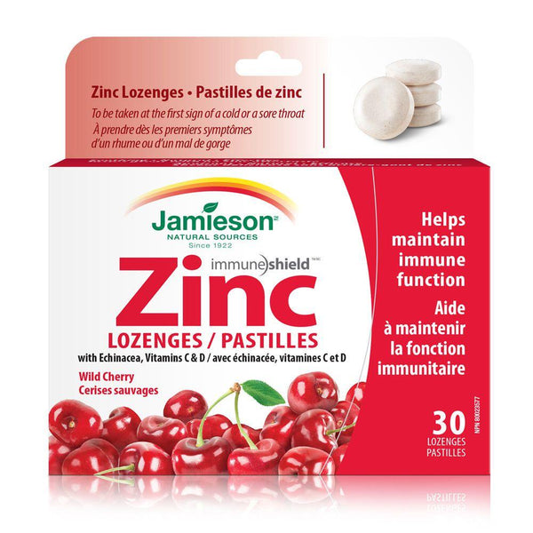 Jamieson Zinc with Echinacea, Vitamin C & D - Wild Cherry 30 Lozenges Image 1