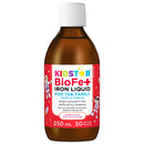 A bottle of KidStar BioFe+ Iron Liquid for Kids in a sweet blast flavor, with a red label featuring cartoon characters.