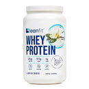 A white container of Leanfit Whey Protein in vanilla flavor, 832 g, with a sleek design featuring a scoop and nutritional info on the label.