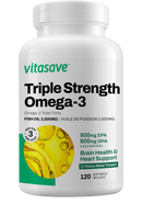 Close-up of Vitasave Omega-3 Triple Strength 120 softgels bottle, offering premium omega-3 fatty acids from fish oil to promote overall wellness and reduce inflammation.