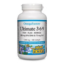 Front label of Natural Factors OmegaFactors Ultimate 3-6-9 1200 mg softgels bottle, showcasing the product name and branding.