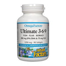 A bottle of Natural Factors OmegaFactors Ultimate 3-6-9 softgels, with information about the product's benefits and ingredients on the label.