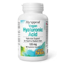 A bottle of Natural Factors HyAppeal Vegan Hyaluronic Acid with 120 mg dosage, containing 60 vegetarian capsules.