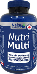 Naka Nutri Multi BONUS SIZE bottle with 150 vegetable capsules, offering a daily multivitamin supplement to support overall health and wellness.