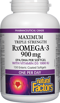 Natural Factors Maximum Triple Strength RxOMEGA-3 with Vitamin D3 1000 IU 150 Softgels Image 1