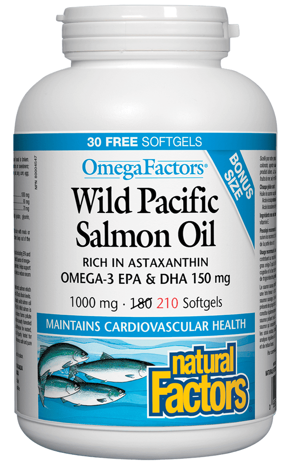 Natural Factors OmegaFactors Wild Pacific Salmon Oil 1000 mg BONUS SIZE 210 Softgels Image 1