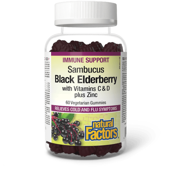 Natural Factors Sambucus Black Elderberry with Vitamins C & D + Zinc 60 Gummies Image 1