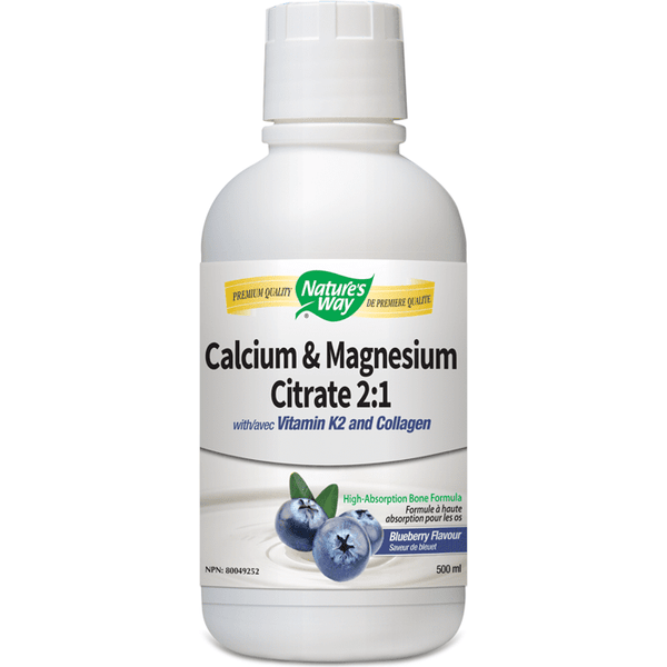 Nature's Way Calcium & Magnesium Citrate 2:1 with Vitamin K2 and Collagen - Blueberry 500 mL Image 1