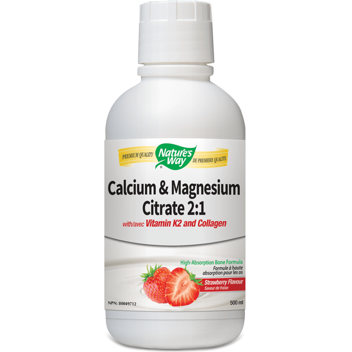 Nature's Way Calcium & Magnesium Citrate 2:1 with Vitamin K2 and Collagen - Strawberry 500 mL Image 1