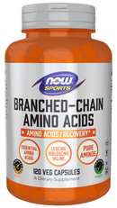 Front label of NOW Sports BCAA VCaps supplement, highlighting leucine, isoleucine, and valine content in a vegan-friendly formula.