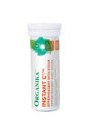 Organika Instant C Effervescent With Stevia box featuring 8 single-serve packets, highlighting natural sweetener and vitamin C benefits.