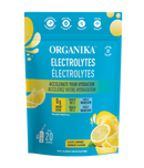 A package of Organika Electrolytes powder in Classic Lemonade flavor, with 20 sachets, in a blue and yellow packaging.