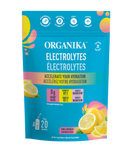 A package of Organika Electrolytes in pink lemonade flavor, with 20 single serve sachets.