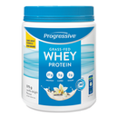 A container of Progressive Grass-Fed Whey Protein in Vanilla Delight flavor. The container is labeled with the brand name, product type, and nutritional information.
