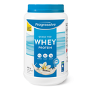 A container of Progressive brand Grass-Fed Whey Protein in Vanilla Delight flavor, with product details on the label.