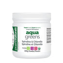 Jar of Prairie Naturals Aqua Greens, a 200 g clear glass container with bright aqua-green powdered supplement inside and a green-and-white label displaying the brand name, product name, and a leafy wave graphic.