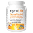 A container of Natural Factors RegenerLife BrainRevive supplement with 30 packets, featuring a white label with product details.