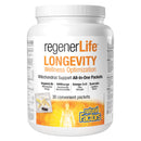 A container of Natural Factors RegenerLife Longevity Wellness Optimization with 30 packets, highlighting mitochondrial support and wellness optimization.