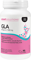 A bottle of Smart Solutions GLA Borage Oil 1000 mg with 90 softgels. The label is predominantly white with pink and blue accents and text detailing the product's benefits for skin health.