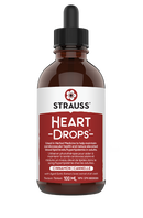 A bottle of Strauss Heartdrops Cinnamon dietary supplement with a dropper. The label includes the product name and the flavor, cinnamon, as indicated by the 'Cinnamon' text.