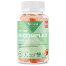 Bottle of Suku Vitamins Active B-Complex Perfect Peach gummies, containing 60 peach-flavored chewable supplements for energy and stress support.