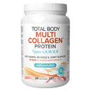 White jar of Total Body Multi Collagen Protein - Unflavoured (267 g) with black text and green-blue label accents.