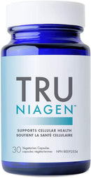 "Tru Niagen 300 mg capsules in a bottle, supporting cellular energy and healthy aging."