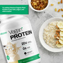 Side angle of 750 g Vitasave Vegan Protein Vanilla showing ingredient list