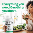 Healthy breakfast setup with Vitasave Plant-Based Chocolate Shake, fruit, and a shaker bottle